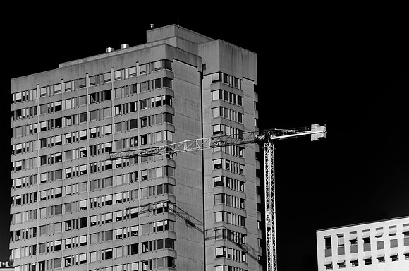 Crane, architecture, "black & White", buildings, city, contrast, highlights, shade, skyscrapers, structure