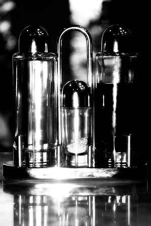 Cruets, artistic, "black & white", food, food, kitchen, "olive oil", pepper, salad, salt, vinegar