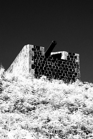 cannon, fortress, fort, building, structure, " black & white", infrared, defense,  details