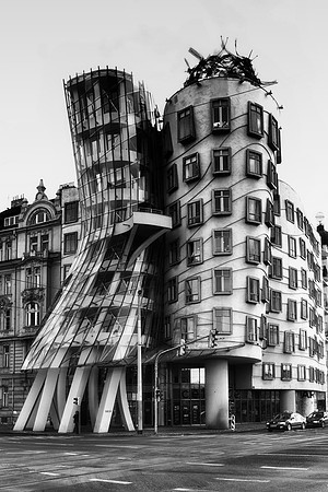 "dancing house", "black & white", architecture, windows, details, structure, details, Bertazzoni, Nikon, Prague, "Czech Republic"