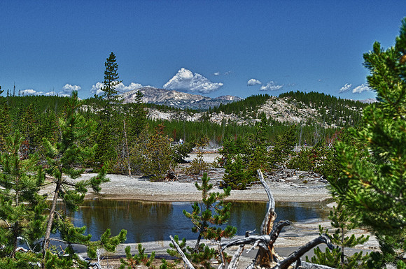 HDR, steam, pond, nature, details, structure, colors, Yellowstone, scenic, artistic, colors, panorama, mountain, forest, trees, sky, clouds