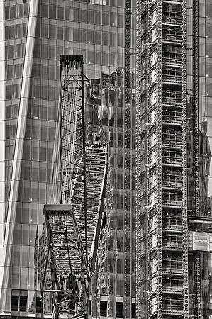 Manhattan, "black & white", crane, glasses, "ground zero", "men at work", "new york", reflections, skyscraper, windows, "world trade center"