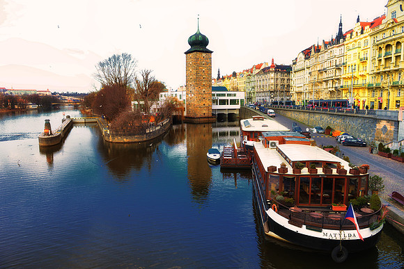 contrast, Prague, river, Bertazzoni, Nikon, water, tower, colors, details, highlights, structure, architecture, landscape